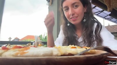 walking with cum on face in cafe - chick munches pizza and swallows jizz - Cumwalk